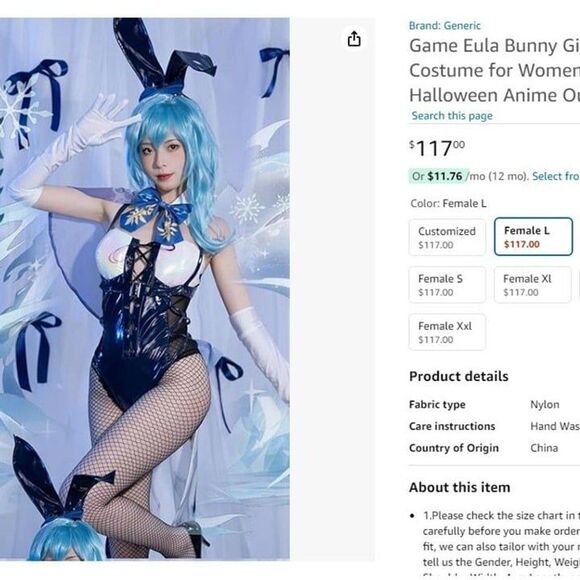 Genshin Impact Eula Cosplay Medium Halloween Costume Playboy Bunny Party Anime - Picture 2 of 11